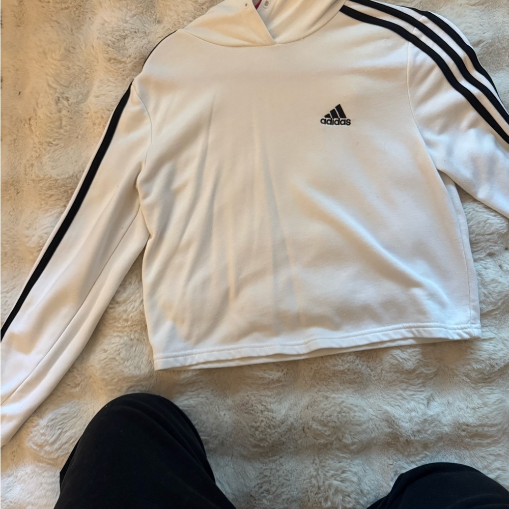 Adidas women’s S White cropped Hoodie with Black Stripes